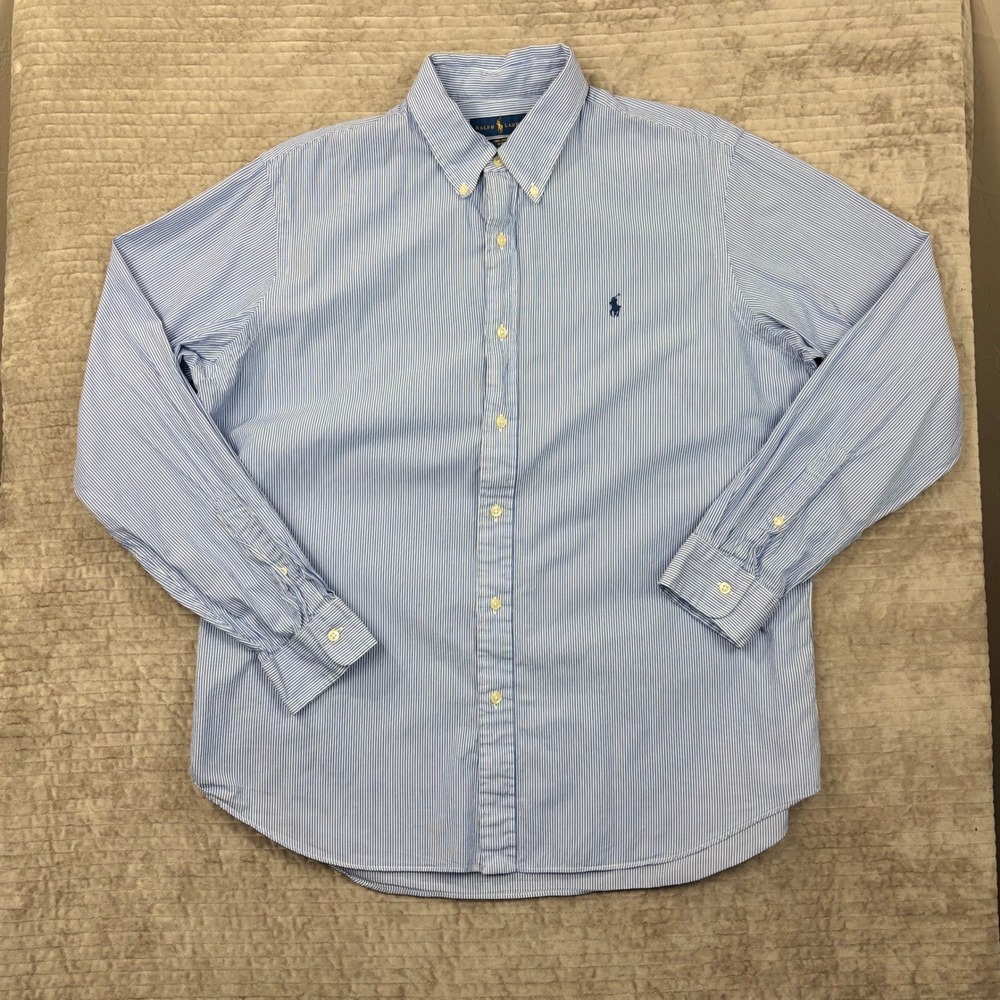 Ralph Lauren Mens XL Blue White Striped Button Down Shirt Cotton Stretch L/S‎